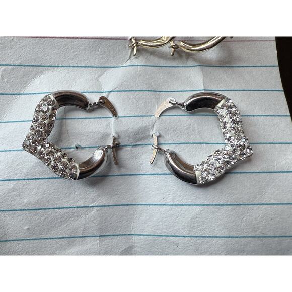925 Sterling Silver Crystal Hoop Earrings Heart Pattern - Picture 2 of 9